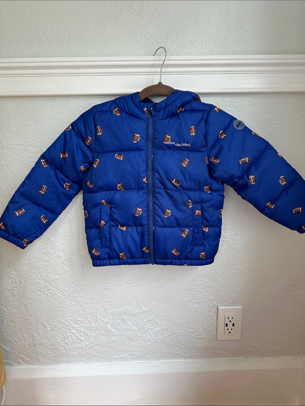 Kids Blue Football-Print Puffer Jacket with Hood